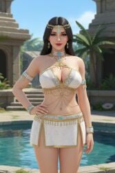1girls 3d ai_assisted ai_generated arabian_female arm_accessory armlet belly_button black_hair bracelet brown_eyes circlet cleavage dancer dancer_outfit earrings eyelashes female gemini hourglass_figure light-skinned_female lipstick long_hair loose_hair medium_breasts midriff necklace poolside realistic rgomez007 self_upload slit_skirt smiling_at_viewer solo_female standing sunlight tassel temple_background waist_chain warm_lighting