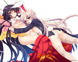 animal_ear ass black_hair blazer blush bondage bottomless breasts bunny_ear bunny_tail hanao_(kuma-tan_flash!) hug jpeg_artifacts kaguya_houraisan lavender_hair long_hair mound_of_venus multiple_girls nipples no_bra no_panties red_eyes reisen_udongein_inaba shirt_lift tail thighhighs torn_clothes torn_thighhighs touhou very_long_hair white_legwear