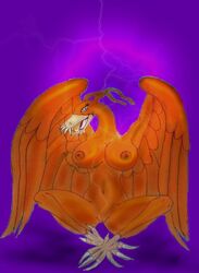 avian big_breasts birdramon blue_eyes breasts claws crossed_legs digimon female molkrom navel nude purple_background pussy sitting solo teeth wings