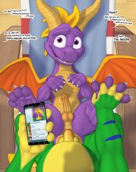 absurd_res activision anal anal_penetration anthro balls claws curved_to_the_right_penis dialogue dracovar_valeford dragon duo electronics feral first_person_view from_front_position gecko genitals gex_(series) gex_the_gecko hi_res lizard looking_at_viewer male male/male mythological_creature mythological_scalie mythology open_mouth open_smile penetration penis phone reptile scalie smile spyro spyro_the_dragon
