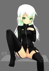 anus black_legwear bottomless character_request copyright_request female female garter_straps green_eyes green_hair haikeb89 hand_on_own_chest leg_up long_hair multicolored_hair pussy sitting solo thighhighs thighs uncensored white_hair