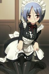 1girls ayane_ichijou blue_hair blush cum cum_on_clothes female female_focus female_only full_metal_daemon:_muramasa maid maid_apron maid_headdress maid_uniform namaniku_atk pale-skinned_female pale_skin pantyhose red_eyes short_hair solo_female teen teen_girl teenage_girl teenager wet young young_female