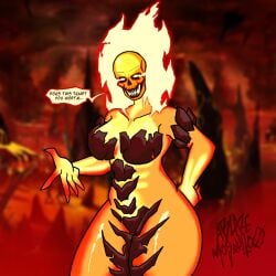 ablazemosquit0 ass ass_spread asshole boobs fire_elemental flaming_hair glowing_body glowing_cum glowing_eyes glowing_genitalia glowing_pussy invincible invincible_(tv_series) lava lava_cum looking_at_viewer looking_back looking_over_shoulder magma pussy pussy_spreading skull skull_head spreading volcanic_creature volcanikka