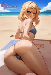 1boy 2d ai_generated ass bangs barefeet big_ass bikini blonde_hair bulge erection erection_under_clothes erophoenix feet full_body green_eyes looking_at_viewer looking_back male male_focus navel nude otoko_no_ko pale_skinned_male patreon_username penis sitting smile soles solo solo_male sweat swimsuit thick thick_thighs toes uncensored