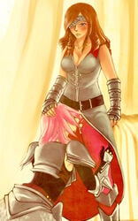 2girls armor beatrix_(final_fantasy) belt blush cunnilingus curly_hair eclair_farron female final_fantasy final_fantasy_ix final_fantasy_xiii hair multiple_girls oral pantyhose pink_hair yuri