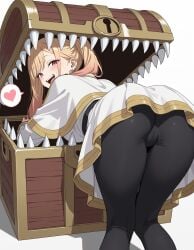 1girls ai_generated bent_over black_pantyhose blonde_female blonde_hair cosplay earrings female female_only frieren_(cosplay) kitagawa_marin pantyhose pink_eyes sharp_teeth shiny_ass showing_ass showing_off smiley_face smiling_at_viewer sono_bisque_doll_wa_koi_wo_suru tagme thick_thighs thighs trap treasure_trail white_background