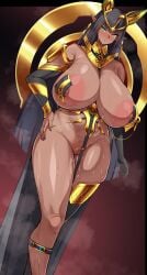 absurdres ancient_egyptian ancient_egyptian_clothes animal_ears ankh ankh_necklace black_hair blush breasts covered_erect_nipples curvy dark-skinned_female dark_elf dark_skin elbow_gloves elf female gigantic_breasts gloves green_eyes highres jackal_ears konoshige_(ryuun) large_areolae last_origin long_hair looking_at_viewer nipple_chain nipple_slip nipples pointy_ears pussy revealing_clothes sekhmet_of_death shiny_skin solo standing sweat thick_thighs thighhighs thighs usekh_collar v-bangs very_long_hair wide_hips