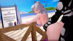 1boy 1girls beach bikini bikini_top bikini_top_lift blue_eyes doggy_style grimm_(rwby) island long_hair long_hair_female monster monster_boy monster_cock morepolygons11 nude_female nude_male penetration rwby scar_across_eye sex sex_from_behind ship weiss_schnee white_hair white_hair_female
