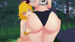 2girls animated ass ass_focus black_hair black_hair_female blake_belladonna blonde_female blonde_hair canon_couple chloeangelva gym_clothes gym_uniform hands_on_ass morepolygons11 pun purple_eyes rubyredva rwby sound tagme video voice_acted yang_xiao_long