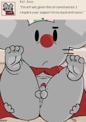anthro anus ass balls belly blush blush_lines cape clothing day74art feet foot_focus genitals grabbing_both_legs grabbing_both_thighs hi_res lying male mammal murid murine on_back penis presenting presenting_anus presenting_hindquarters rat rodent short_stack solo solo_focus text_box tight_anus