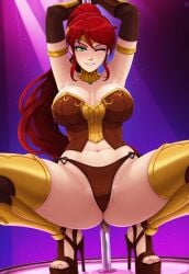 1girls ai_generated arm_gloves armlet circlet corset fit fit_female gloves gorget green_eyes happy high_ponytail long_hair looking_at_viewer platform_heels ponytail pyrrha_nikos red_hair rwby sidelocks smile solo solo_female strip_club stripper stripper_pole tagme thighhighs thong wink winking_at_viewer