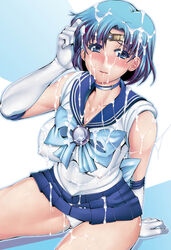 ami_mizuno bishoujo_senshi_sailor_moon blue_eyes blue_hair blush bow breasts bukkake choker circlet cum cum_on_body elbow_gloves facial female female_only gloves highres huge_breasts human large_breasts nipples panties pantyshot pantyshot_(sitting) pantyshot_sitting red-rum sailor_mercury sailor_senshi short_hair sitting skirt solo underwear