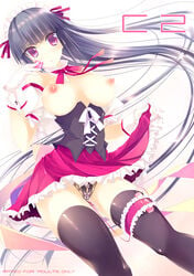 1girls absurdres bare_shoulders black_hair black_legwear black_thighhighs blush breasts condom corset erect_nipples female gloves high_resolution highres leg_garter long_hair maid maid_headdress nipples no_bra original panties purple_eyes pussy_juice red_eyes skirt solo thighhighs underwear very_long_hair vibrator vibrator_under_panties yudesoba