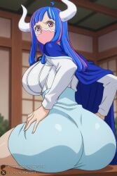 1female 1girl 1girls 2026 ahoge ai_generated artist_name ass bangs big_ass big_breasts blue_cape blue_hair blue_skirt breasts cape curvy from_behind hi_res high-waist_skirt high_quality high_resolution highres horns huge_ass huge_breasts indoors large_breasts long_hair long_sleeves looking_at_viewer looking_back mask mouth_mask multicolored_hair one_piece patreon patreon_logo patreon_username pink_eyes pink_hair shirt sitting skirt solo two-tone_hair ulti_(one_piece) unjobdespiert watermark web_address white_shirt