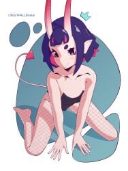 artist_name blue_background bulge bulge_through_clothing bulge_under_clothes bunnysuit cel_shading crestfallen163 fang_out fangs femboy fishnet_legwear fishnet_stockings fishnets heart horn indie_virtual_youtuber kaos_douji kneeling multicolored_hair oni oni_horns pointy_ears purple_hair self_upload simple_background tail virtual_youtuber
