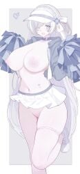 absurdres azur_lane blue_eyes braid breasts censored choker cleavage colored_nipples colored_skin commentary_request cropped_jacket female foot_out_of_frame grey_choker grey_jacket hair_ribbon heart highleg highleg_panties highres holding holding_pom_poms huge_breasts jacket large_variant_set londom_(lonhomewell) long_hair microskirt mosaic_censoring navel nipples open_clothes open_jacket open_mouth panties pom_pom_(cheerleading) revealing_clothes ribbon skindentation skirt solo standing standing_on_one_leg tb_(azur_lane) thigh_strap underwear variant_set very_long_hair white_hair white_nipples white_ribbon white_skin white_skirt white_sneakers white_theme