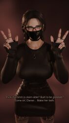 1girls 3d 3d_(artwork) amulet black_choker black_glasses black_heels black_mask black_shoes blender blender_eevee braid braided_hair braided_ponytail braided_twintails braids breasts brown_hair brown_skirt brown_socks brown_sweater caption choker cute double_v ear_piercing earrings english_text face_mask facemask female female_focus female_only fully_clothed glasses green_eyes heels high_heels horny_female huge_ass huge_breasts latex_mask lip_piercing lip_ring long_socks looking_at_viewer lots_of_jewelry mask necklace nose_blush nose_piercing nose_ring original_character osimai peace_sign pencil_skirt ring ring_piercing runa_(osimai) sitting smirk smirking smirking_at_viewer socks stockings sweater talking_to_viewer tall_girl teasing teasing_viewer text thigh_highs thighhighs third_person_dialogue thought_bubble tight_clothing tight_skirt tight_sweater twintails variant