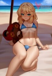 1boy 2d ai_generated ass bangs barefeet big_ass bikini blonde_hair bulge erection erection_under_clothes erophoenix feet full_body green_eyes looking_at_viewer looking_back male male_focus navel nude otoko_no_ko pale_skinned_male patreon_username penis sitting smile soles solo solo_male sweat swimsuit thick thick_thighs toes uncensored