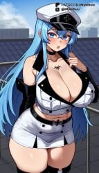 ai_generated akame_ga_kill! arm_behind_back bare_shoulders black_choker blue_eyes blue_hair blue_sky blush boots breasts chest_tattoo choker cleavage collarbone crop_top curvy detached_sleeves esdeath esdeath_(akame_ga_kill!) female hair_between_eyes hat huge_breasts large_breasts long_hair looking_at_viewer midriff military military_hat military_uniform miniskirt mykibuu navel outdoors parted_lips peaked_cap pocket rooftop skirt sky sleeveless solo standing tattoo thick_thighs thigh_boots thighhighs thighs uniform very_long_hair white_headwear white_skirt