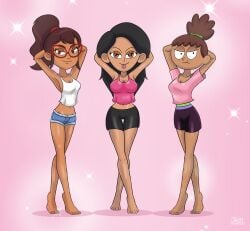 3girls :p :t adventures alternate_version_available amphibia anne_boonchuy asian barefoot cleavage crossover disney disney_channel elizabeth_monaco feet female female_only hailey's_on_it! hailey_banks julex93 latina looking_at_viewer posing smooth_skin