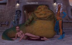 aayla_secura ahsoka_tano alien barefoot blue_body blue_skin breasts brown_hair feet female group hair hi_res human humanoid hutt jabba_the_hutt lekku_(anatomy) mammal nipples on_ground padme_amidala pollonix13 slave star_wars togruta twi'lek