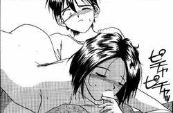 1girls blush breasts brother_and_sister closed_eyes clothing fellatio female human incest keiichi_morisato megumi_morisato monochrome oh_my_goddess! oral short_hair siblings tukumo_keiichi wince