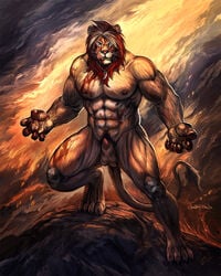 1boy abs animal_genitalia animal_penis anthro balls ballsack blood blue_eyes body_fur claws erect_penis feline fur furry kiwa leonine leonine_tail lion looking_at_viewer lyonlover male male_nipples male_only male_pubic_hair mane manly masculine mature_male muscles muscular_male necklace nude nude_male pecs penis pose scrotum shaggy_fur shawn_ye solo testicles