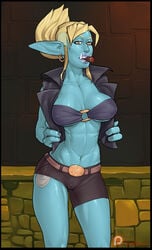 abs blonde_hair blue_skin cigar earring female jacket muscle pointy_ears short_shorts troll troll_female tusks wahafagart warcraft world_of_warcraft yellow_eyes