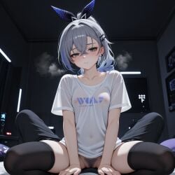 ai_generated drill_hair drill_ponytail female female_focus female_pubic_hair grey_eyes grey_hair honkai:_star_rail honkai_(series) hoyoverse looking_at_viewer mihoyo ponytail pubic_hair randomname881 ribbon see-through see-through_clothing shirt silver_eyes silver_hair silver_wolf_(honkai:_star_rail) sitting_on_person small_breasts thighhighs
