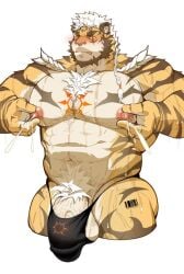 1boy abs anthro bara barcode beefy big_bulge big_pecs blush body_markings bulge bulge_through_clothing chest_tuft clenched_teeth felid feline fur half-erect inner_ear_fluff lactation leoooliooon male male_lactation milk milk_squirt muscular_male nipple_fetish nipple_pinch nipple_play nipple_stimulation nipple_tweak nipples oc original_character penis penis_peek red_eyes scar solo striped_body tiger tuft veiny_penis yellow_fur