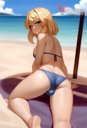 1boy 2d ai_generated ass bangs barefeet big_ass bikini blonde_hair bulge erection erection_under_clothes erophoenix feet full_body green_eyes looking_at_viewer looking_back male male_focus navel nude otoko_no_ko pale_skinned_male patreon_username penis sitting smile soles solo solo_male sweat swimsuit thick thick_thighs toes uncensored