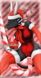 anthro anthro_only bow breasts candy_cane christmas cum cynder cynder-the-dragon dragon english_text eyes_open hat headgear holidays horn nipples no_humans open_mouth penetration purple_eyes pussy savage_(doktor-savage) scalie spyro_the_dragon stockings tail text vaginal_penetration