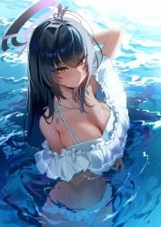 alternate_costume antenna_hair arm_behind_head arm_up bikini black_hair blue_archive blush breasts cleavage dark-skinned_female dark_skin female frilled_bikini frills halo highres jewelry karin_(blue_archive) large_breasts long_hair looking_at_viewer navel necklace ocean off-shoulder_bikini off_shoulder outdoors partially_submerged purple_halo solo swimsuit very_long_hair white_bikini yampa yellow_eyes