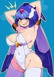 1girls alternate_costume arms_behind_head big_breasts blue_eyes blush buzzlyears clothed fairy_leviathan female_only light-skinned_female mega_man mega_man_zero reploid solo thighhighs uncomfortable