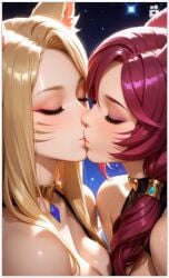 2girls ahri ahri_(league_of_legends) ai_generated female girl_on_girl kda league_of_legends lesbian_couple lesbian_domination lesbian_focus lesbian_kiss vastaya xayah yuri