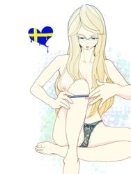 1girls almost_naked axis_powers_hetalia blonde_hair blue_eyes female female_only genderswap genderswap_(mtf) glasses lace-trimmed_panties long_hair looking_down nyo!sweden nyotalia one_breast_visible pale_skin panties solo solo_female sweden_(hetalia) swedish swedish_flag tagme topless