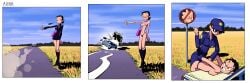 2girls 3koma absurd_res arrest black_hair boots car car_crash comic exhibitionism female female_only garam hitchhiking outdoor_nudity outdoors police police_uniform policewoman public_nudity thong topless