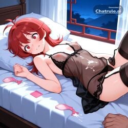 1girl after_sex ai_assisted ai_generated antenna_hair bare_shoulders bedroom black_lingerie black_stockings condom cum_covered cum_on_body cum_on_clothes cum_on_face filled_condom highres holding_used_condom laying_on_back laying_on_bed messy_hair night nipples on_back panties_aside pleasure red_eyes red_hair shocked_eyes small_breasts thick_cum tiny_tits white_curtains