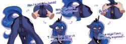 1girls ai_assisted ai_generated anatomically_correct anus ass biting_own_lip blue_eyes blue_hair blush crotchboobs equine female feral friendship_is_magic human_hands my_little_pony my_little_pony_friendship_is_magic princess_luna_(mlp) pussy tagme tial