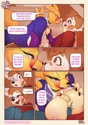 1boy 1girls absurd_res bandai_namco blue_eyes bottomwear breast_grab breasts canid canine canis clothing comic dialogue digi_(yourdigimongirl) digimon digimon_(species) digital_media_(artwork) domestic_dog english_text eyewear female fur glasses hand_on_breast leo_(yourdigimongirl) male mammal mane panties panty_shot public renamon school_uniform size_difference skirt speech_bubble text underwear uniform url yellow_body yellow_fur yourdigimongirl