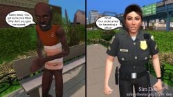 3d angry angry_expression big_breasts big_cock big_dick big_penis black_hair bottomless bottomless_male britany_becker(sim_doe) brown_hair caption comic comic_page degrading dennis_thomas(sim_doe) english english_text hobo homeless homeless_male original_characters penis police police_officer police_uniform policewoman sim_doe sims sims4 sims_4 speech_bubble speech_bubbles the_sims the_sims_4