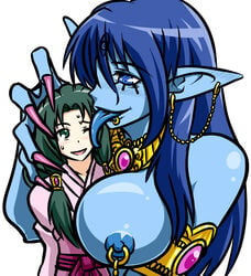 3_eyes big_breasts blue_hair blue_skin breasts genie hakuei_ren long_hair long_nails looking_at_viewer magi:_the_labyrinth_of_magic multi_eye paimon paimon_(magi) piercing size_difference smile