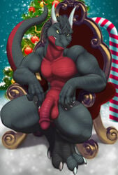 4_toes angry anthro bad_dragon balls barefoot candy candy_cane chair christmas claws dragon duke_(bad_dragon) green_eyes grey_nose hi_res high_resolution highres holidays horn looking_at_viewer male male_only nude pecs penis plant red_penis reptile scalie shadow sharp_claws shiny sitting snow solo toe_claws tree white_eyes wuffamute