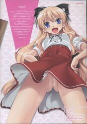 1girls below_view blonde_hair blue_eyes blush cle_masahiro female female_only highres human long_hair mayoi_neko_overrun! no_panties pointy_chin pussy ribbon scan school_uniform skirt solo thighs umenomori_chise uncensored upskirt