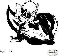 1990s 1997 20th_century angel_(character) anthro anus black_and_white breasts desiree_lee english_text female looking_at_viewer monochrome nude pinup plushie post pussy skunk solo text