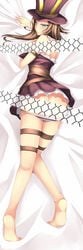 1girls arm_belt arm_garter ass barefoot bed_sheet blue_eyes blush breasts brown_hair caitlyn_kiramman censored dakimakura dean female hat high_resolution league_of_legends long_hair on_stomach panties panty_pull skirt solo striped striped_panties thigh_strap top_hat underwear