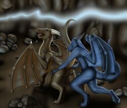 2011 all_fours anthro anthro_on_feral blue cave dragon female feral from_behind horn leverpuller male nude penis pussy raised_tail sex straight tail wings