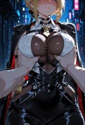 ai_generated big_boobies big_boobs big_breasts big_tits big_titties blonde blonde_female blonde_hair blonde_hair_female blush blushing boobies evelyn_chevalier first_person_view grope grope_breast grope_chest groped groping groping_breasts hoyoverse leather leather_bottomwear mihoyo miyuai sweating titties touching_breasts viewer_pov zenless_zone_zero