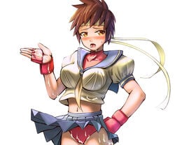 brown_eyes brown_hair buruma capcom cum cum_in_mouth cum_on_body cum_on_clothes cum_on_upper_body female female_only fingerless_gloves gloves hand_on_hip headband hips human jishimaru midriff navel panties sakura_kasugano school_uniform serafuku short_hair skirt solo sports_bra street_fighter sweat underwear white_background wind_lift