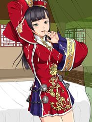 1girls bare_legs bed black_hair blush breasts clothed cum cum_on_body cum_on_clothes cum_on_hand cum_on_upper_body da_qiao erect_nipples facial female finger_to_lips fingers_to_mouth green_eyes hat highres knopf_koubou long_hair shin_sangoku_musou solo standing